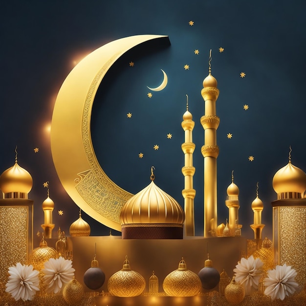 Eid alAdha lampe marocaine royale dorée photo d'arrière-plan 3d générée par l'IA