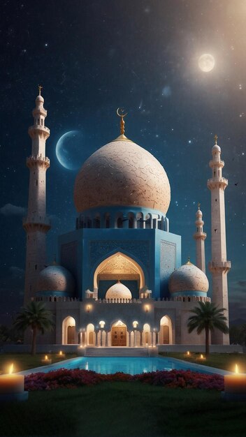 Eid AlAdha Un rendu 3D d'une mosquée photoréaliste sur un espace nocturne étoilé pour le texte