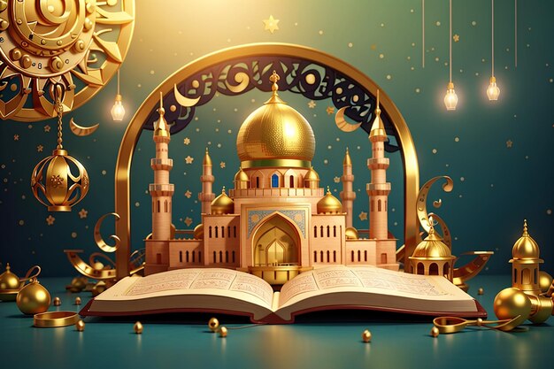 Photo eid mubarak 3d banner de concept de jouet avec la mosquée d'or et le coran