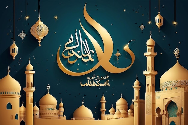 Eid Mubarak avec la calligraphie arabe pour la célébration du festival de la communauté musulmaneEid Mubarak avec la calligraphie arabe pour la célébration du festival de la communauté musulmane