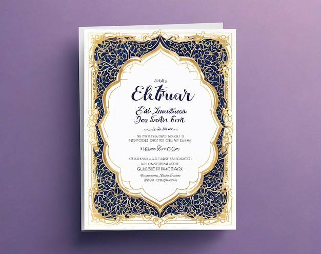 Photo eid mubarak une carte d'invitation de mariage avec un cadre doré et un motif floral bleu marine