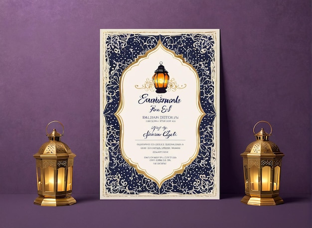 Eid Mubarak une carte d'invitation de mariage avec une lanterne et une lanterne