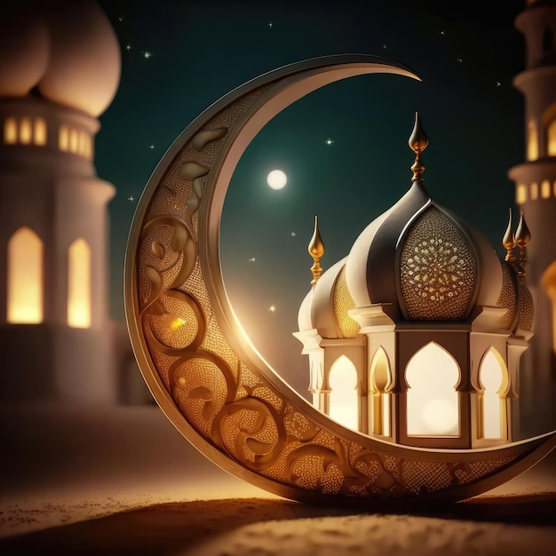 Eid Mubarak dans la simplicité du croissant de lune et des lanternes de lumière minimales en arrière-plan