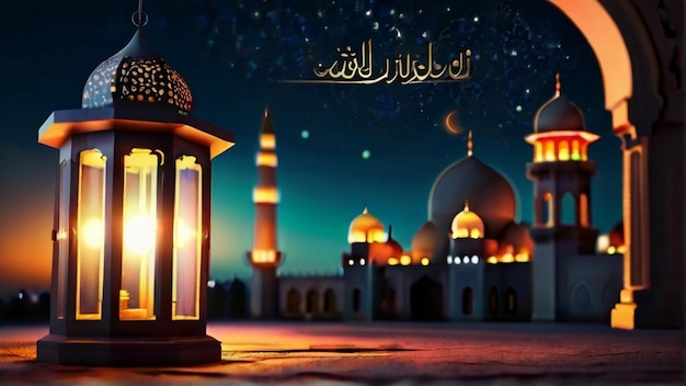 Eid Mubarak de Eid al fitr 3D lanterne et mosquée avec la lune 3D avec la nuit beau arrière-plan