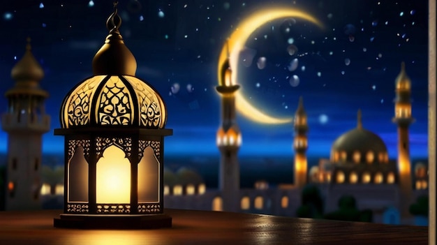 Eid Mubarak de Eid al fitr 3D lanterne et mosquée avec la lune 3D avec la nuit beau arrière-plan