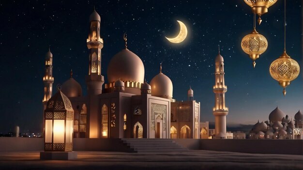 Eid Mubarak de Eid al fitr 3D lanterne et mosquée avec la lune 3D avec la nuit beau arrière-plan