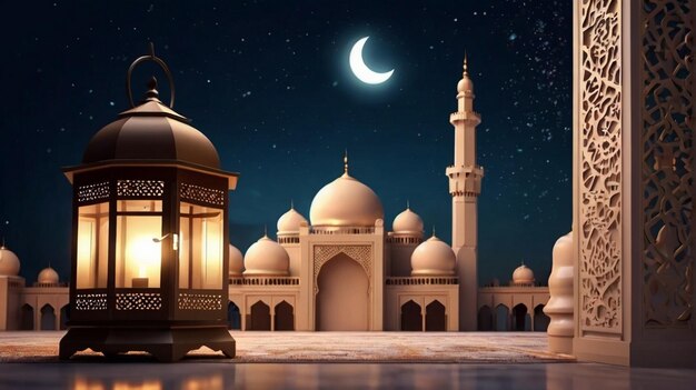 Eid Mubarak de Eid al fitr 3D lanterne et mosquée avec la lune 3D avec la nuit beau arrière-plan