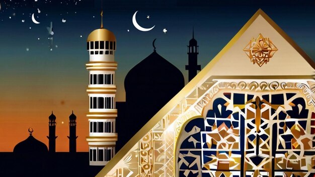 Eid Mubarak de Eid al fitr 3D lanterne et mosquée avec la lune 3D avec la nuit beau arrière-plan