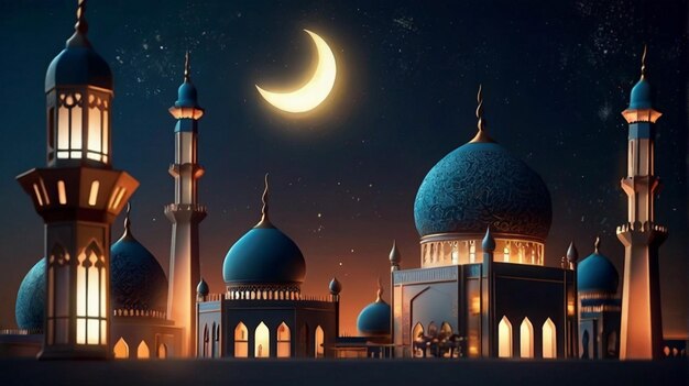 Eid Mubarak de Eid al fitr 3D lanterne et mosquée avec la lune 3D avec la nuit beau arrière-plan