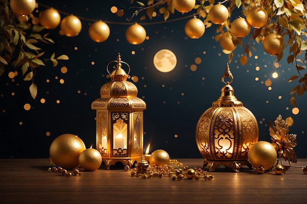 Eid Mubarak élégant fond de lune d'or et de lanterne