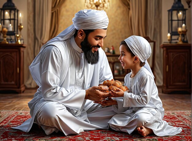Eid Mubarak un homme et un enfant assis sur le sol