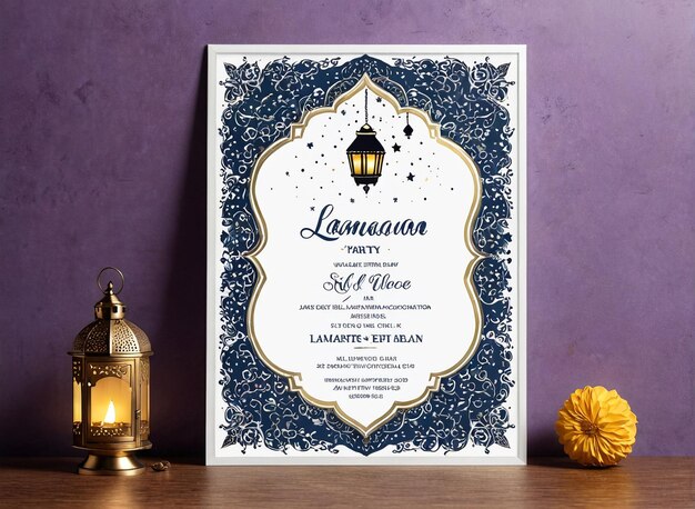 Eid Mubarak une invitation de mariage de marine et d'or avec une lanterne