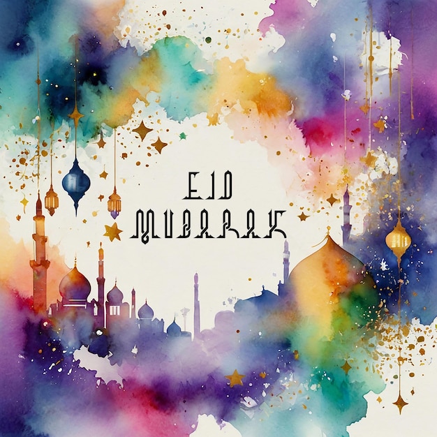 Eid mubarak lanterne arabe aquarelle de lune avec peinture de fleur de fleur