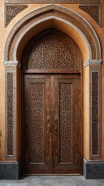 Photo eid mubarak une porte en bois à l'entrée d'un bâtiment