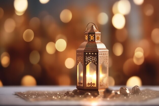 Photo eid mubarak et ramadan kareem avec une lanterne islamique et une mosquée eid al fitr en arrière-plan