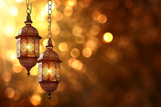 Eid mubarark fond brillant avec mosquée et lampe suspendue