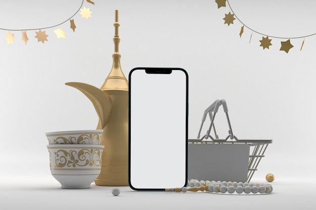 Eid Shopping Basket et téléphone face avant en arrière-plan gris