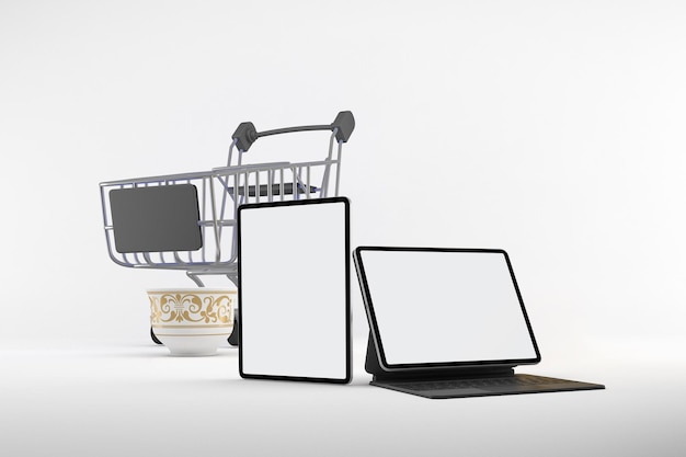 Eid Shopping Trolley et tablette avec ordinateur portable face avant en fond blanc