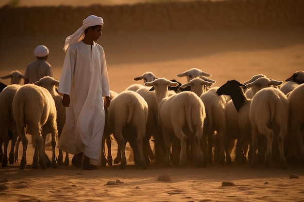 Eid ul Adha Mubarak homme se tient à côté d'un troupeau de moutons