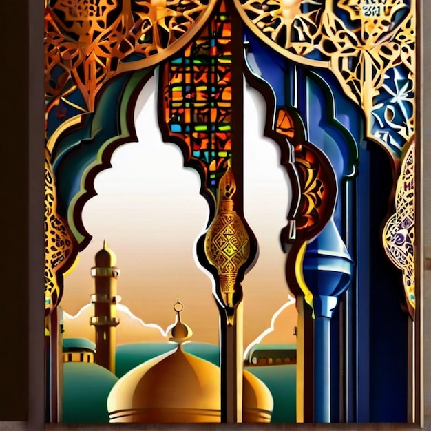 Eid ul fitr 3D lanterne et fenêtre de mosquée cartes de vœux islamiques Eid Mubarak Arrière-plan