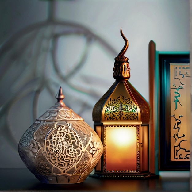 Eid ul fitr 3D lanterne et fenêtre de mosquée cartes de vœux islamiques Eid Mubarak Arrière-plan