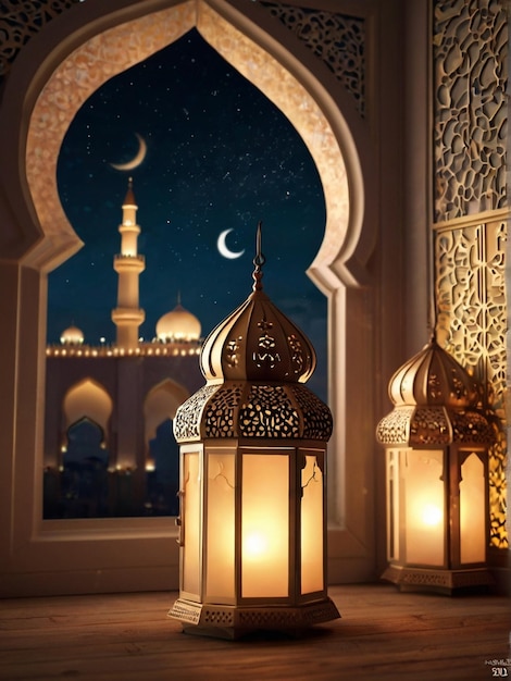 Eid ul fitr 3D lanterne et fenêtre de mosquée cartes de vœux islamiques Eid Mubarak Arrière-plan