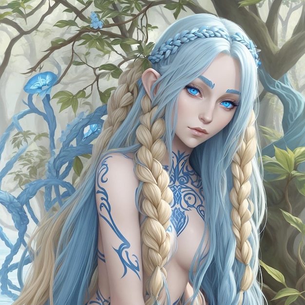 Eladrin de dnd dans sa forme de printemps longue blonde tresse em cheveux avec des rayures bleues