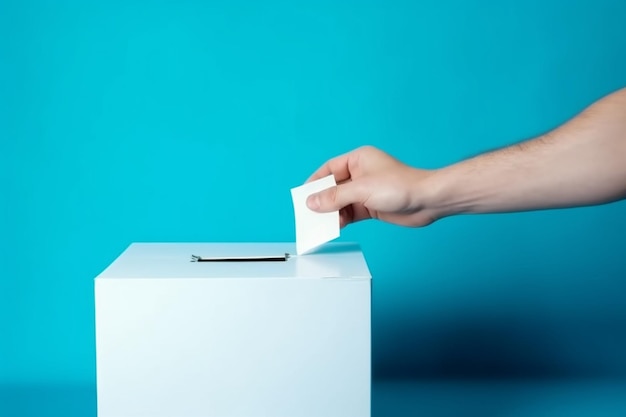 Photo Électeur de l'homme mettant le bulletin de vote dans la boîte de vote concept de liberté de la démocratie près du mur bleu copyspace
