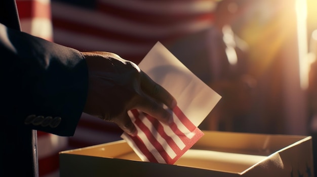 l'élection aux États-Unis mettant en vedette un électeur tenant une enveloppe au-dessus d'un bulletin de vote