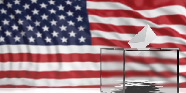 Photo Élection des états-unis d'amérique enveloppe blanche dans une fente d'urne en verre contre le flou usa flag background 3d illustration