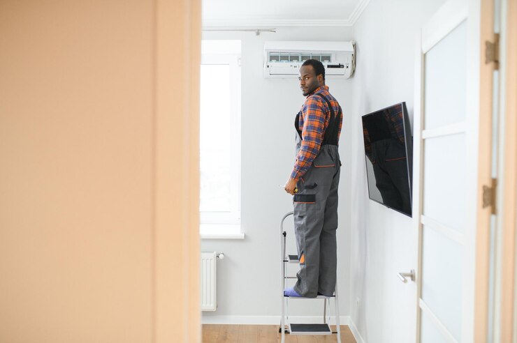 Un électricien afro-américain répare un climatiseur à l'intérieur.