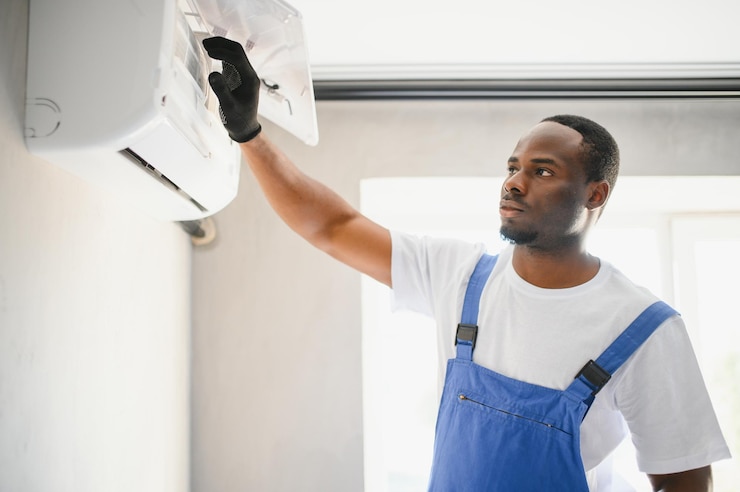 Photo un électricien afro-américain répare un climatiseur à l'intérieur.