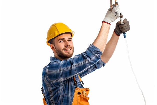 Photo Électricien au chapeau fermé tenant des ciseaux