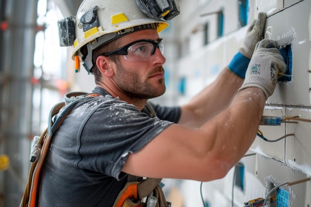 Un électricien au travail Portrait d'un ingénieur électricien travaillant sur une construction