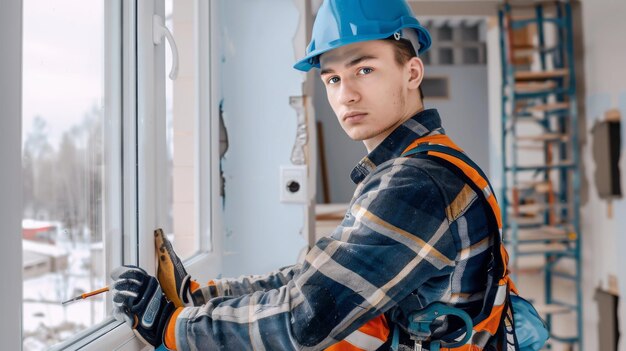 Photo Électricien bâtisseur au travail installation de prises et d'interrupteurs