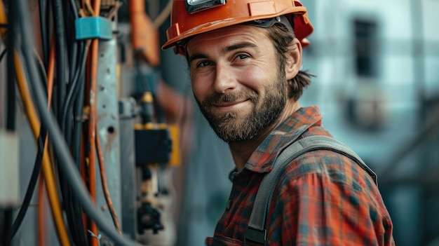 Un électricien en casque et en combinaison régle l'équipement.