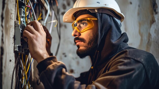 Photo un électricien en casque jaune travaille méticuleusement sur un panneau électrique complexe.