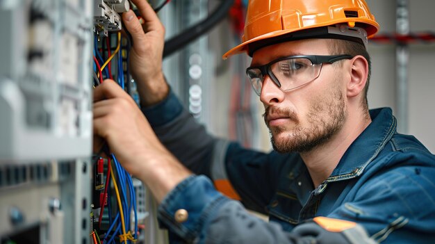 Photo Électricien concentré configurant un panneau de commande industriel