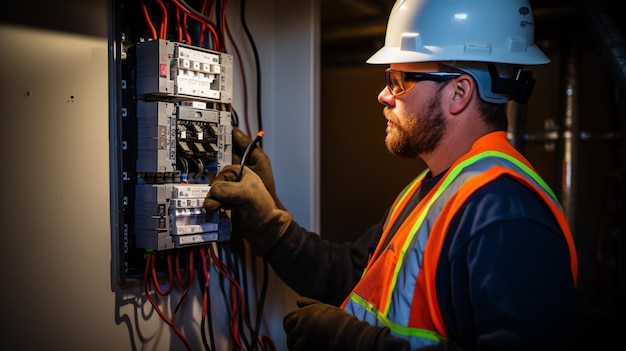 Photo l'électricien de la construction au travail vérifie la connexion du câble et installe l'ia générative