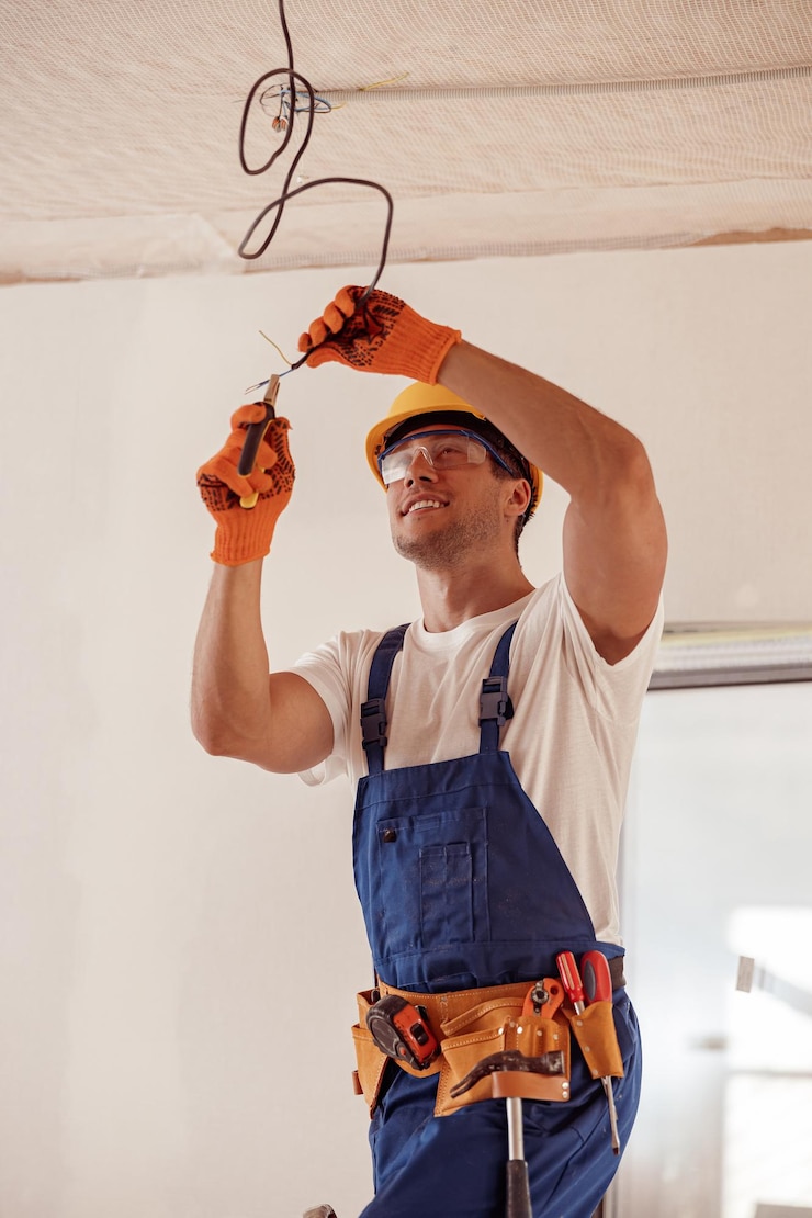 Photo électricien gai réparant le câble électrique au plafond