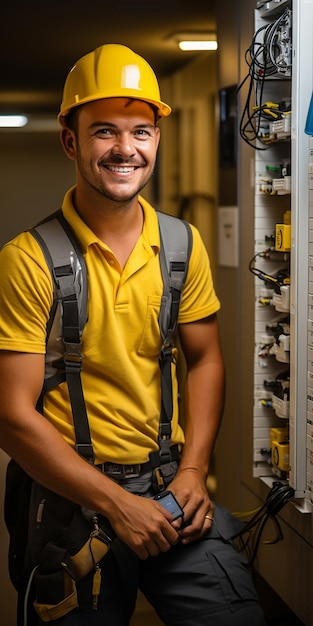 Un électricien habile sur un fond jaune solide