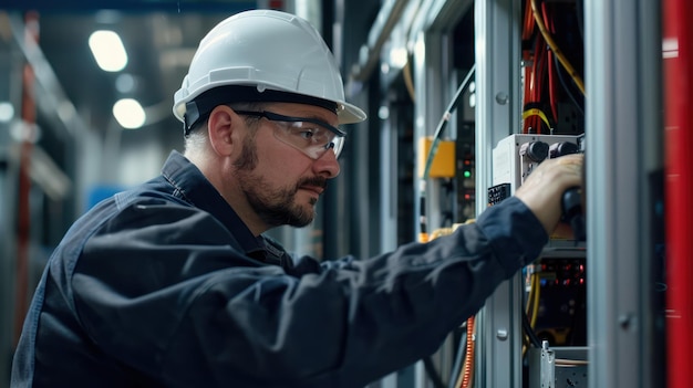 Un électricien inspecte des composants électriques dans une installation industrielle