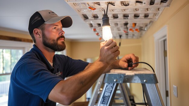 Photo un électricien installe de nouveaux appareils d'éclairage dans une maison.