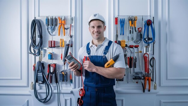 Photo Électricien avec des outils sur le mur blanc