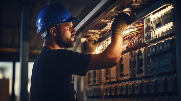 Photo un électricien professionnel qualifié réparant des panneaux électriques et démontrant ses compétences et ses connaissances