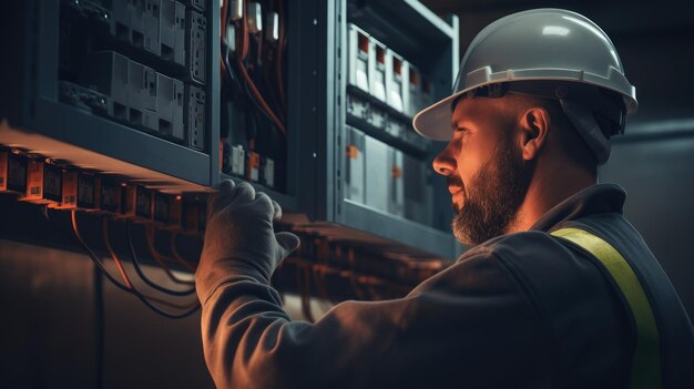 Photo un électricien professionnel qualifié réparant des panneaux électriques et démontrant ses compétences et ses connaissances