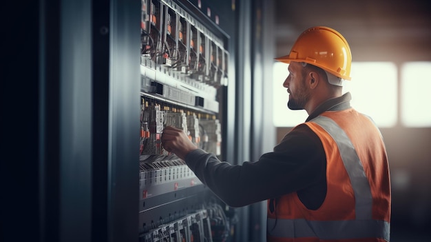 Photo un électricien professionnel qualifié réparant des panneaux électriques et démontrant ses compétences et ses connaissances