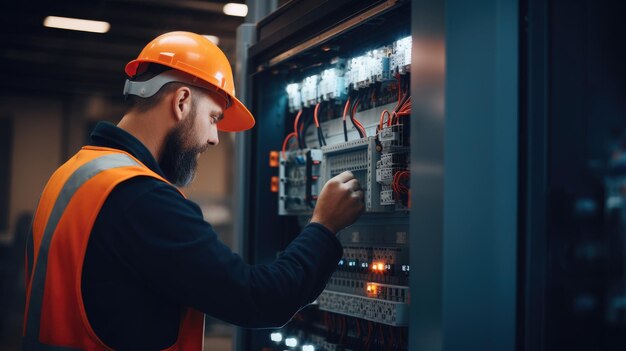 Photo un électricien professionnel qualifié réparant des panneaux électriques et démontrant ses compétences et ses connaissances