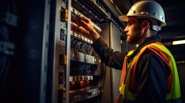 Photo un électricien professionnel qualifié réparant des panneaux électriques et démontrant ses compétences et ses connaissances