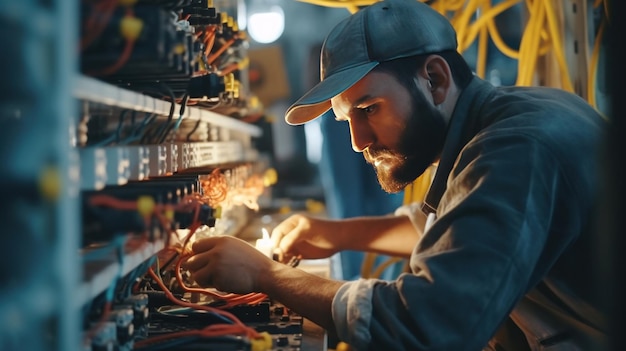 Un électricien professionnel travaille dans un central électrique avec un câble de connexion électrique.